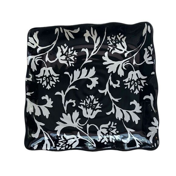 Black and White Floral Brand Square Dessert Plate 9” X 1” with a Scalloped Edge - Picture 2 of 5